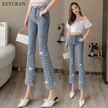 

Diamonds Beading Flare Jeans Fashion High Waist Vintage Elastic Slim Flare Denim Pants 2020 New Women Female Casual Trousers