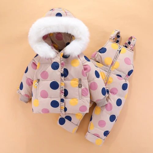 Детские зимние костюмы куртка на утином пуху для маленьких девочек+ комбинезон комплект одежды из 2 предметов, теплое утепленное пальто для детей зимняя одежда, парка - Цвет: Бежевый