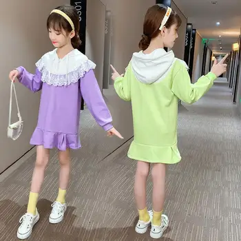 

Teenage Girls Hoodie Dress Long Sleeve Girls Dress with Lace 2020 Spring Autumn New Kids Girls Casual Dresses Girl T-shirt Dress