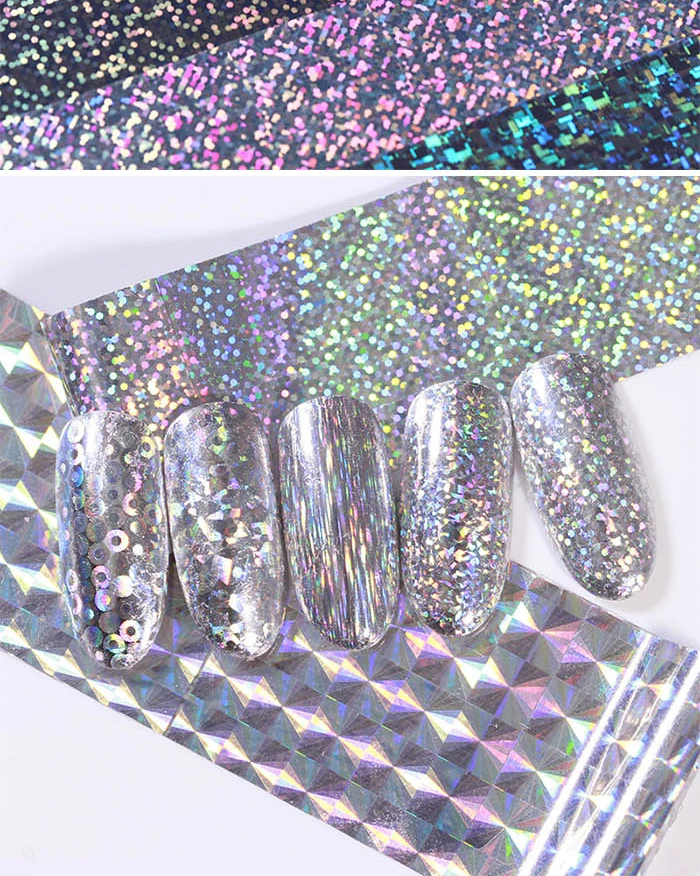 4*100 см Голографическая фольга на ногти наклейки серебряная серия переводные наклейки смешанные узорами, дизайн ногтей украшения ногтей аксессуары