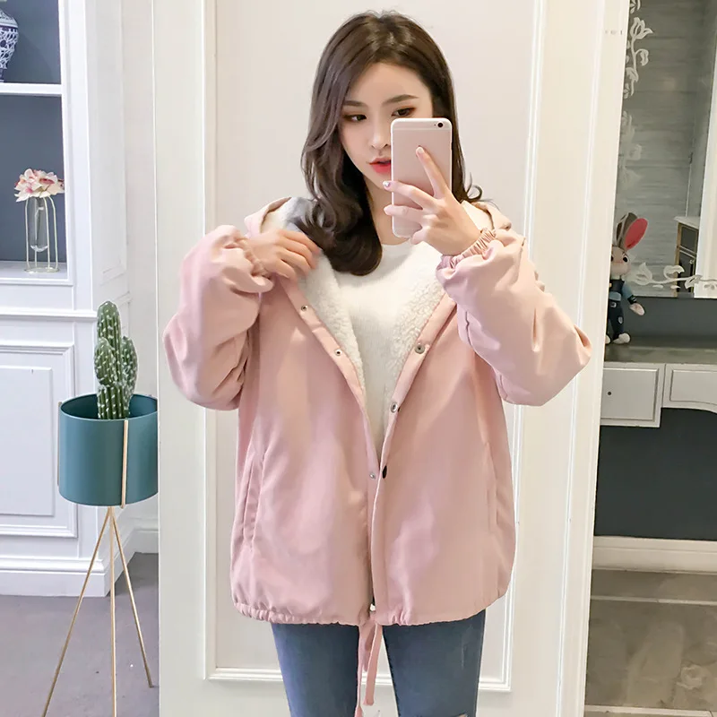 New Style Korean-style Loose-Fit Students Printed Brushed And Thick Hooded Mid-length Lambs Wool Coat Tops