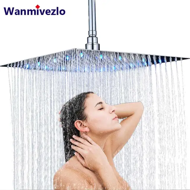 Badezimmer-Duschkopf mit LED-Licht, 40,6 cm, große Regenduscharmaturen, Zubehör oben, quadratisch, Messing, ultradünner Duschkopf
