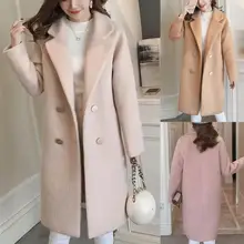 Женское шерстяное пальто размера плюс, Осеннее зимнее однотонное пальто с отворотом и длинным рукавом на пуговицах, Кашемировое шерстяное зимнее пальто