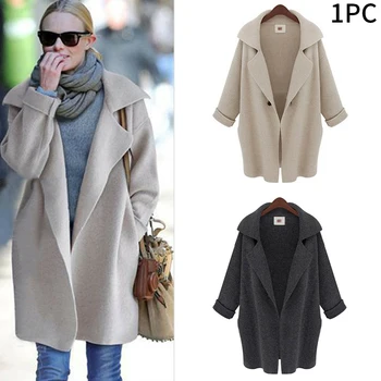 

Long Sleeve Cotton Blend Jacket Women Lapel Neck Mid Length With Pockets Button Solid Warm Knitting Loose Winter Fashion Outwear