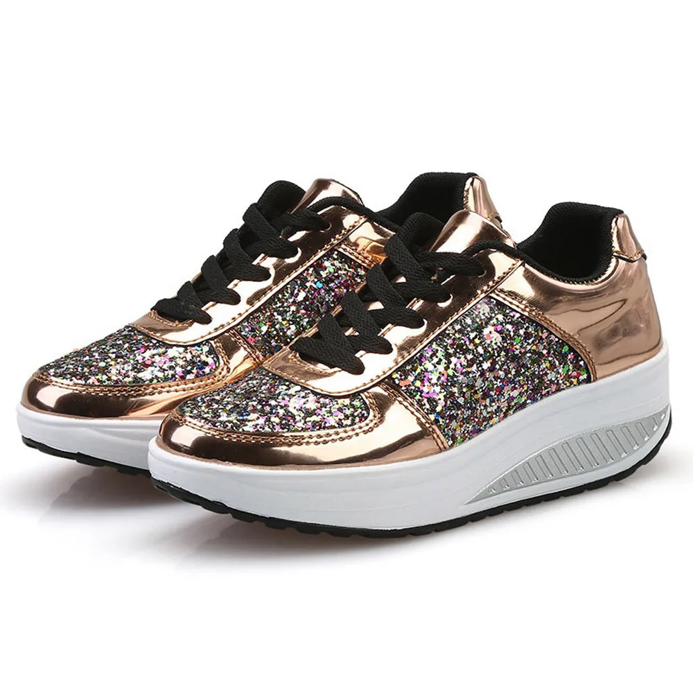 

Women Fashion Sneakers Ladies Wedges Sneaker Trendy Shining Sequins Platform Sports Shoes Girl Outdoor Running Lace Up Sneakers