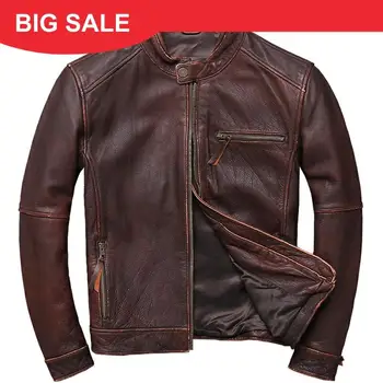 

2020 Vintage Brown Men American Biker's Leather Jacket Large Size 5XL Genuine Cowhide Autumn Slim Fit Motorcycle Leather Coat