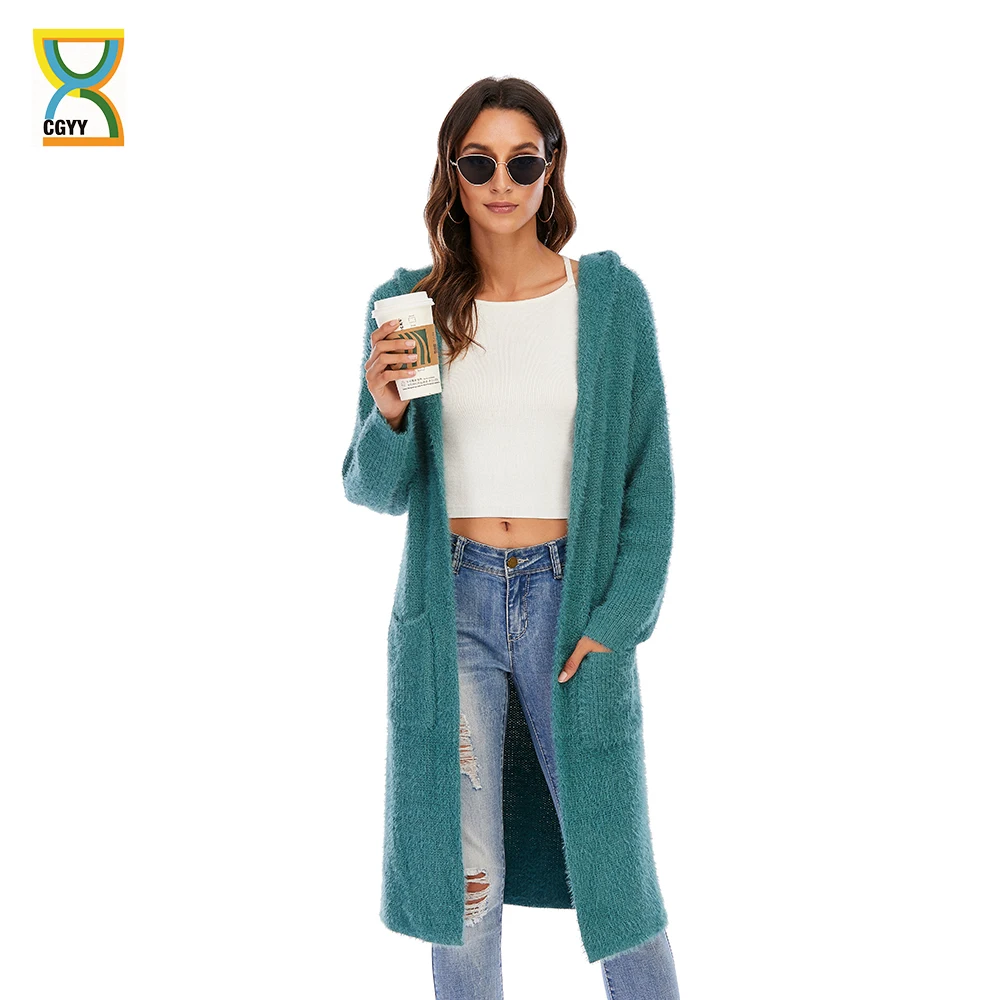 

CGYY Green Color Open Front Fuzzy Knitted Long Sweater Chunky Cardigan Women Autumn Pure Vintage Mohair Female Casual Knitwear