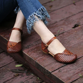 

VALLU Leather women's sandals low heel hole Roman shoes leather 2020 summer leather women's sandals women