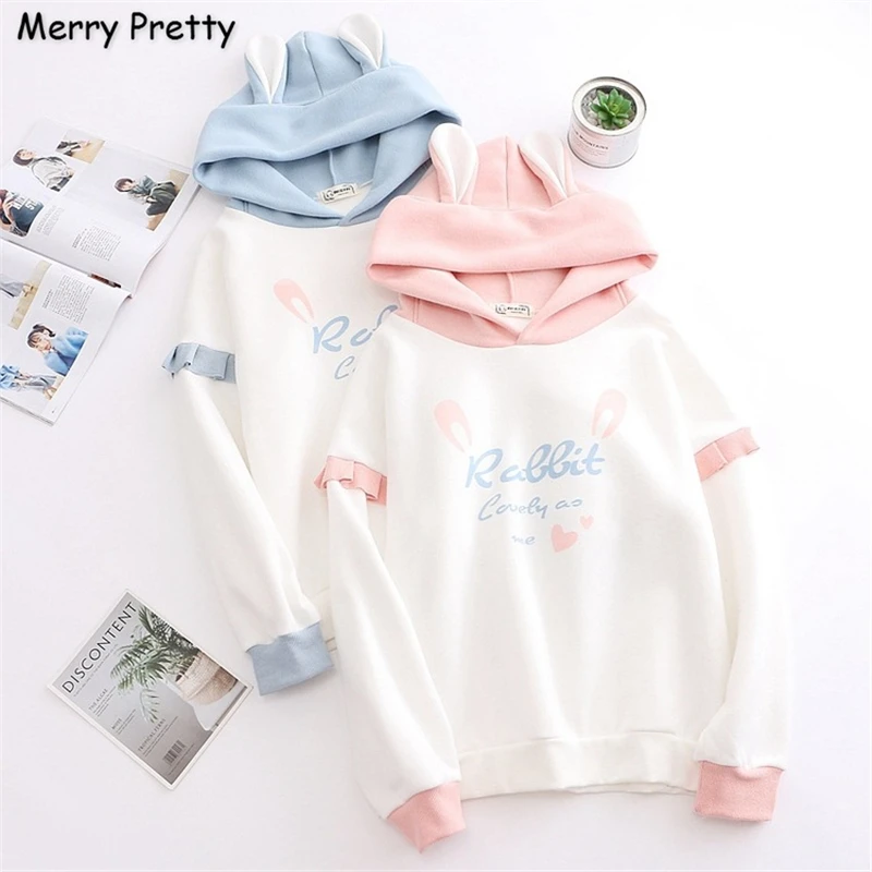 Merry Pretty женский мультяшный принт с ушками на капюшоне плюс бархатный пуловер с капюшоном зимние теплые толстые милые толстовки
