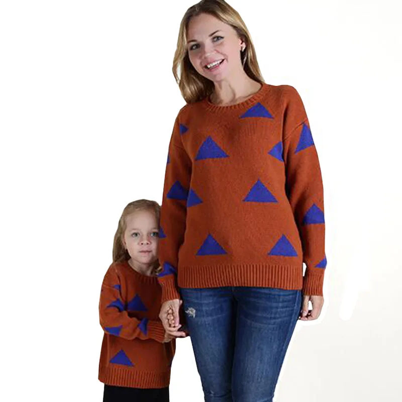 

Children Sweater Triangular Jacquard Mom Kids Matching Outfits Fashion Pullovers T-Shits Family Look Mother And Me Clothes