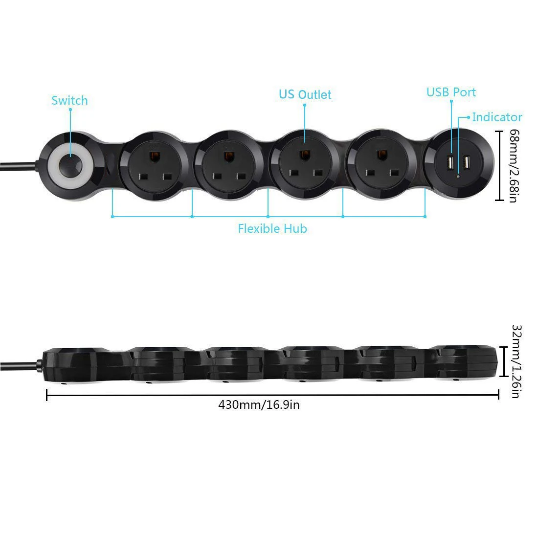 Сетевой блок с 4 выходами, двумя портами usb, гибкий, многофункциональный, складной, поворотный, умный, USB, США, розетка, 10А, кнопка включения и выключения