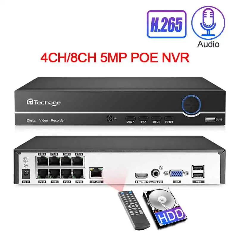 Techage H.265 4CH 8CH POE NVR безопасности IP камера видеонаблюдения системы видеонаблюдения P2P ONVIF 2MP 5MP сетевой видеорегистратор XMEYE