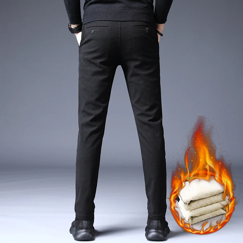 Новые толстые плюс бархатные мужские повседневные штаны толстые черные серые коричневые мужские облегающие флисовые теплые прямые джинсовые брюки для официального костюма
