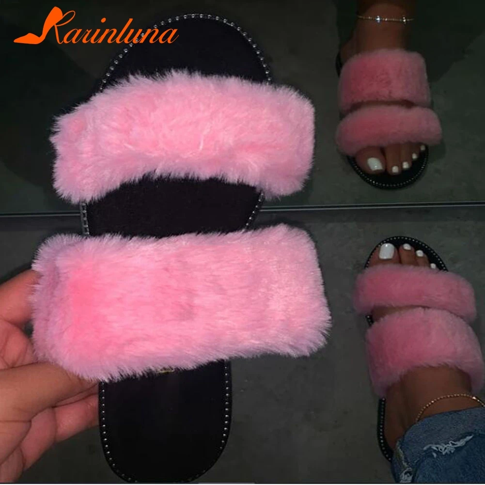 

Karinluna 2020 New Design Short Plush Slip On Comfortable Shoes Woman Slippers Outside Dropship Hot Slippers Women Shoes