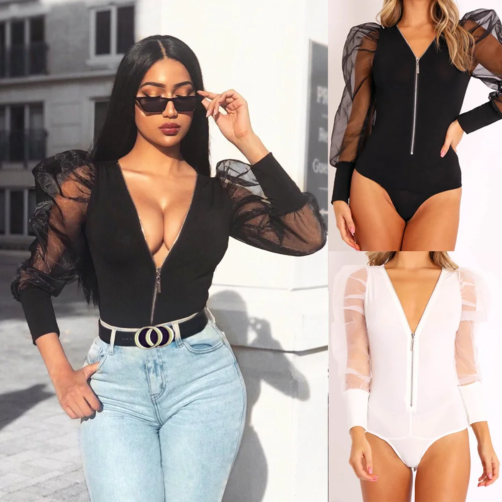 2020 Sexy Women's Bodycon Zipper V Neck Jumpsuit Puff Long Sleeve Bodysuit Leotard Romper Top Blouse Bodysuits backless bodysuit