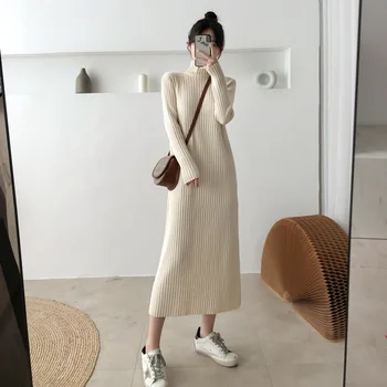 

2020 Autumn and Winter New Style Korean-style Half Turtleneck Women Dress Female over-the-Knee Mid-length Sweater Underwear