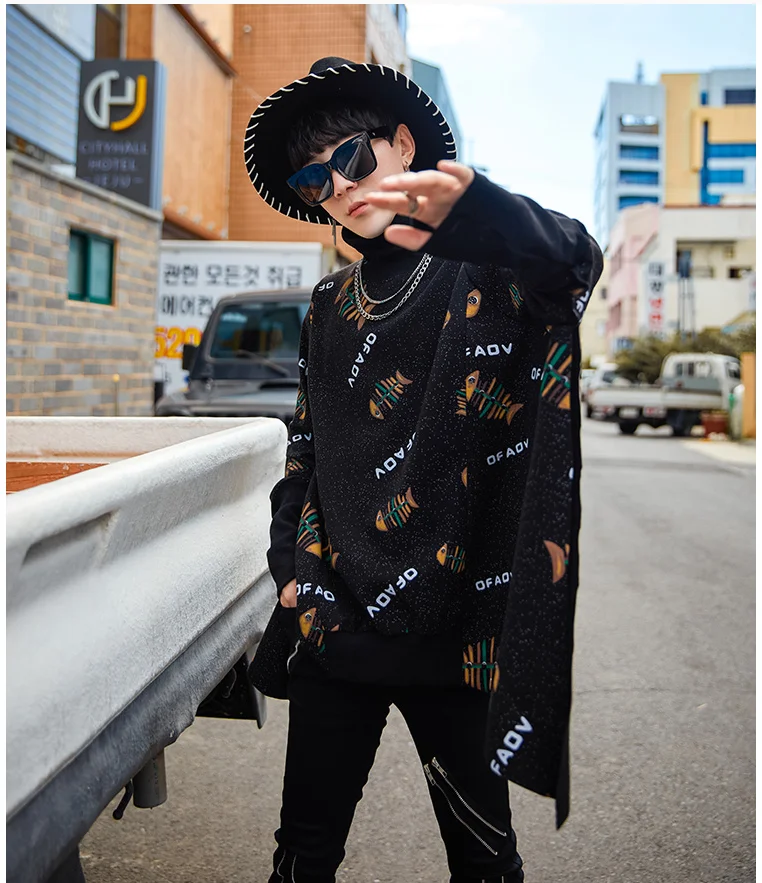 Spring and autumn loose high collar cape windbreaker men's trend printing casual jacket chic original bat sleeve cloak