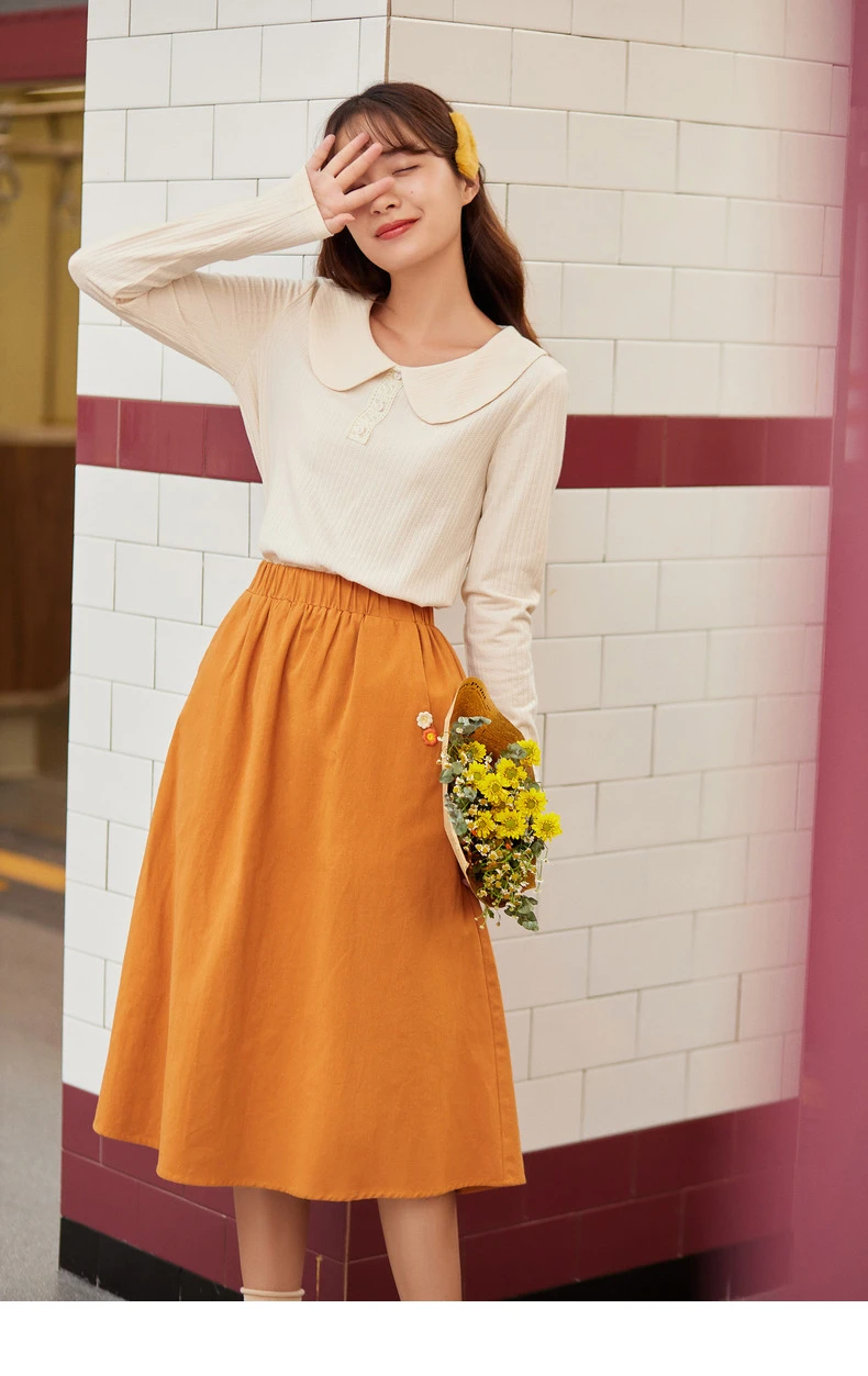 INMAN 2020 Autumn Winter New Arrival Skirt High Waist Pure Cotton Embroidered Elastic Waist Solid Color Temperament Skirt
