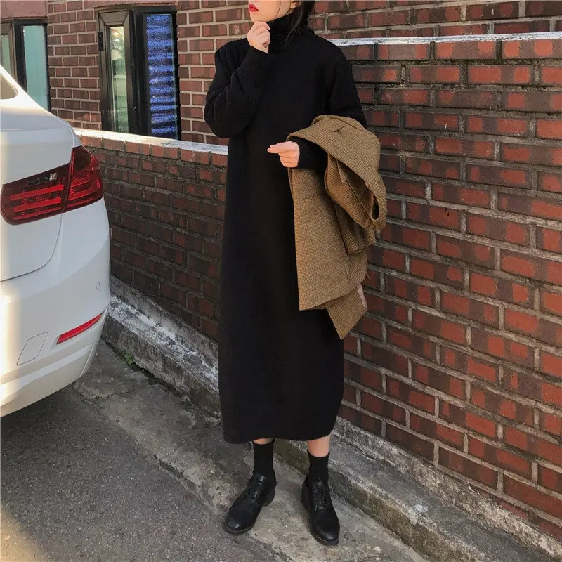 RICININA, макси платье, женское длинное платье, водолазка, однотонное, Ретро стиль, вязаное платье, женские элегантные платья, для девушек, весна