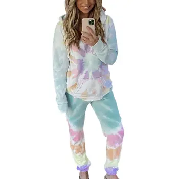 

Women's Homewear Sring Summer Female Casual Homewear 2Pcs Set Tie Dye Print Long Sleeved Hoodie Plus Long Trousers Suits
