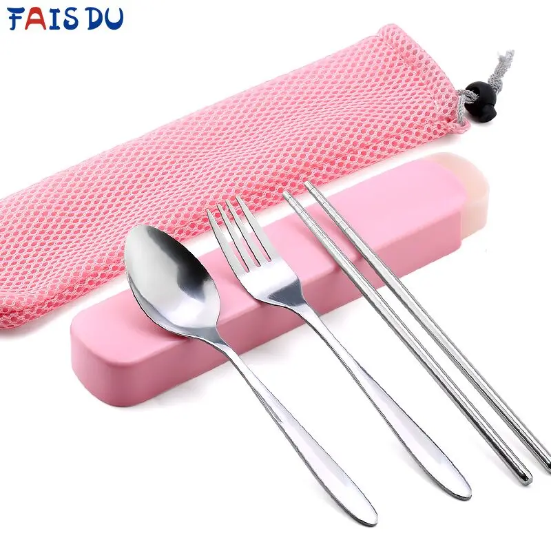 

3PCS Kitchenware Set Portable Stainless Steel Chopsticks Fork Spoon Tableware Cutlery Set Case Utensils Flatware Set