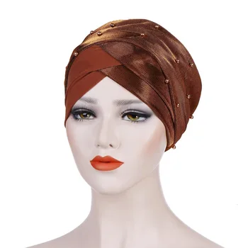 

Two-color Spelled Beaded Hooded Cap Bright Silk Cloth Beaded Cap Women Muslim Hijab Scarf Hoofddoek Moslima Jilbab