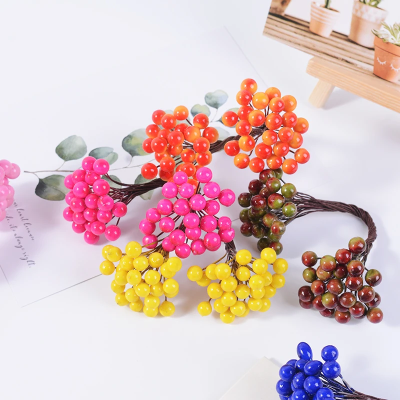 Artificial Flowers 25pcs 50heads Artificial Flower Christmas Berry Bacca For Wedding Decoration DIY Scrapbooking Decorative Wreath Fake Flowers