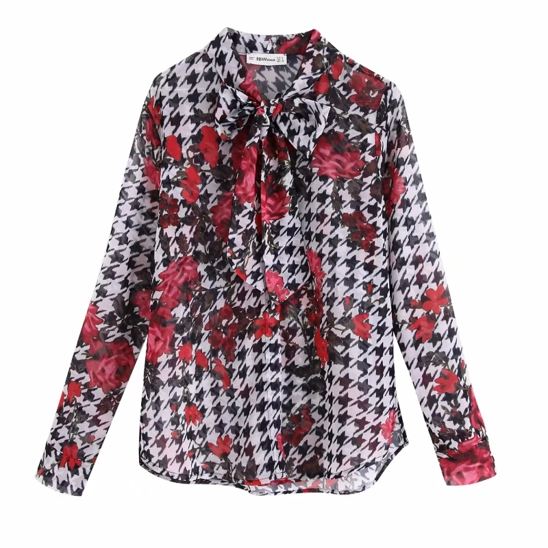 

Flower Printing Women Stand Collar Bow Tie Chiffon Shirt 2019 Autumn Leisure Lady Long Sleeve Blouse Loose Tops S6367