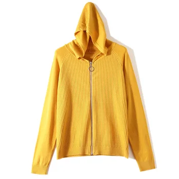 

Women Hooded Sweater Long Sleeve Female Cardigans Autumn Loose Striped Sweater Cute Sweet Knitwear Fashion Yellow Ladies Tops