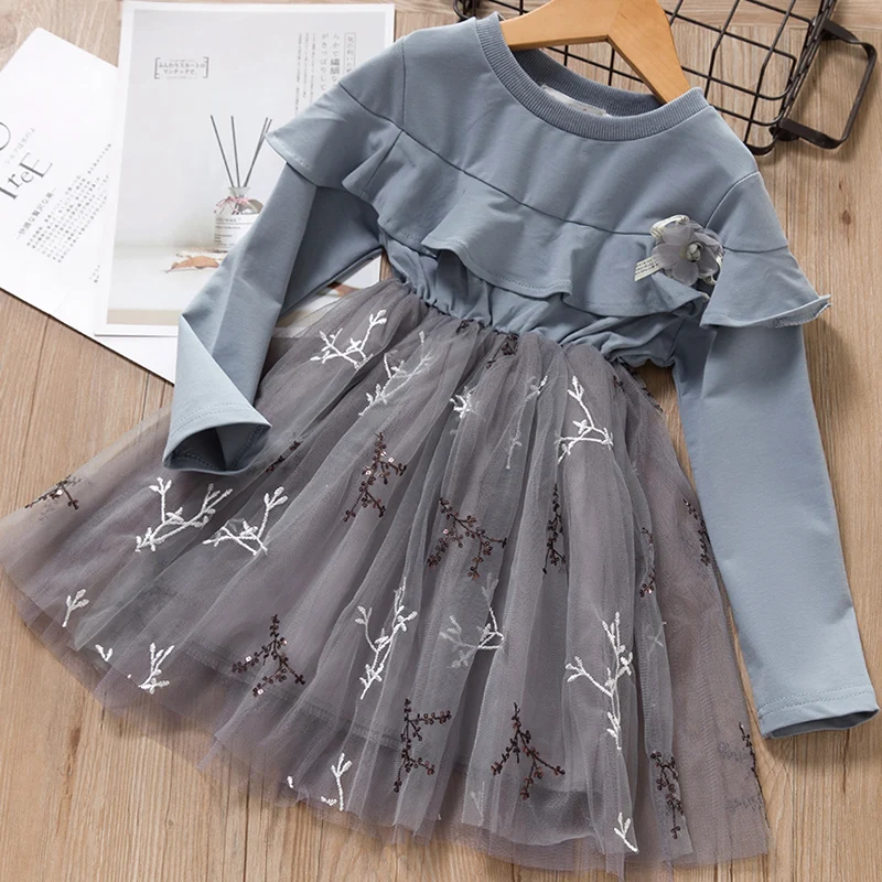 Menoea/осеннее платье для девочек; милые детские платья с длинными рукавами; платье-пачка принцессы с цветочной аппликацией; одежда для малышей - Цвет: ax1127 Blue