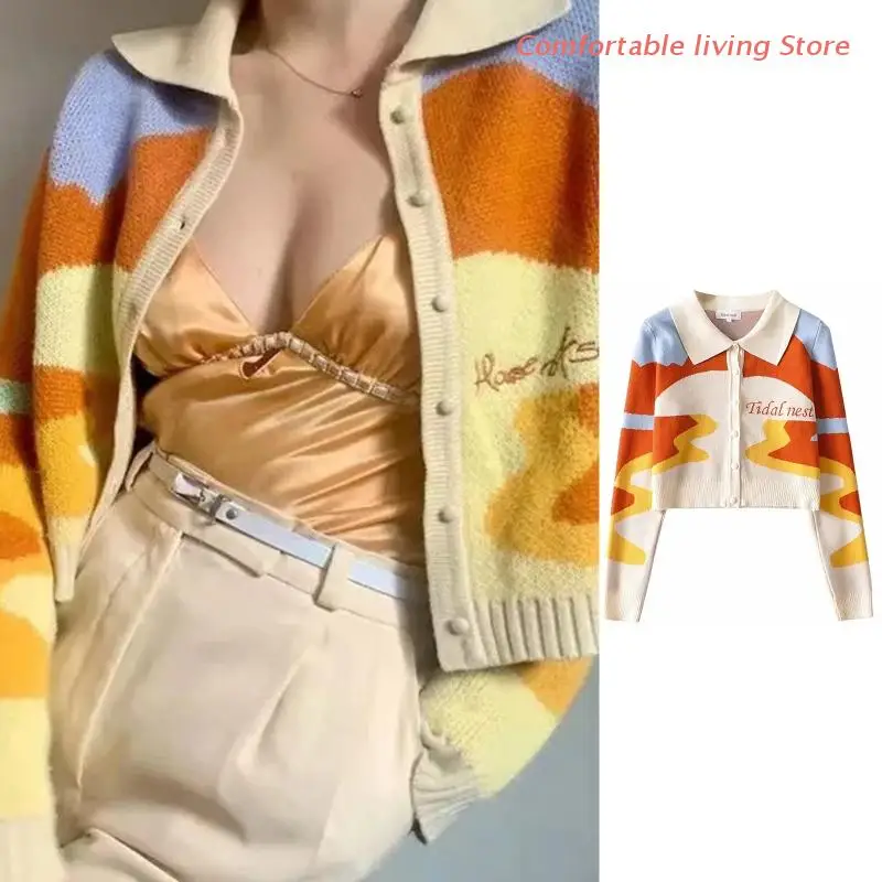 

Women Long Sleeve Lapel Knit Crooped Cardigan Graffiti Letters Slim Sweater Coat