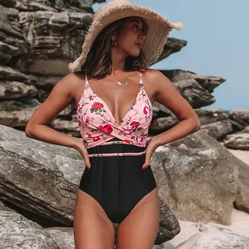 

High Waist Bikini One Piece Front Cross Bathing Suits For Women Mirco Swimsuit Swimwear Female 2020 Halter Bandage Floral Print