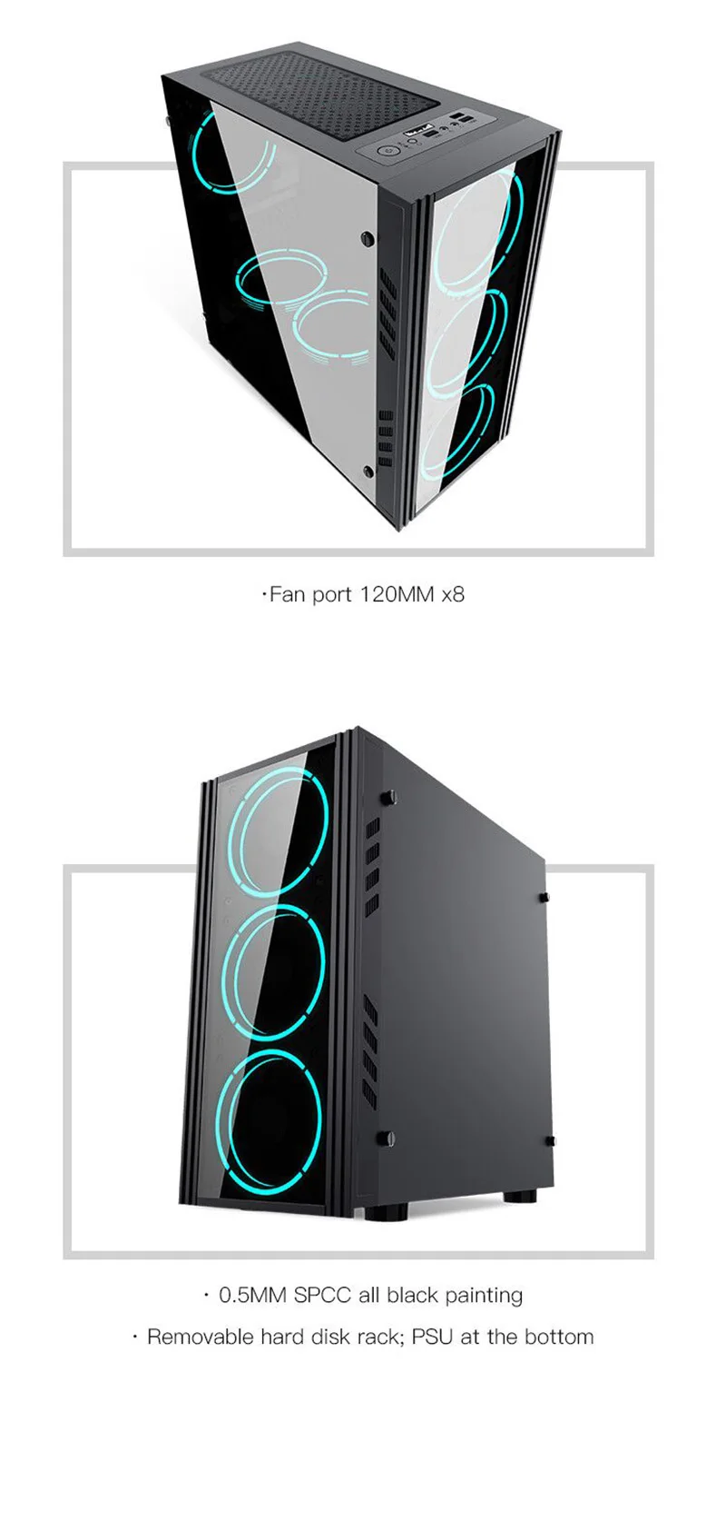 Aigo PC Gaming Case ATX Tower Computer Case with 120mm PWM/ARGB Fan Front I/O USB Type-C Port Tempered Glass PC Gamer Cabinet