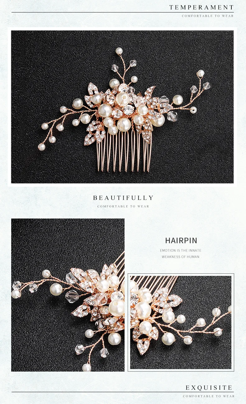 Korean simple wedding gown, exquisite handmade pearl crystal alloy comb, bridal drill, hair comb
