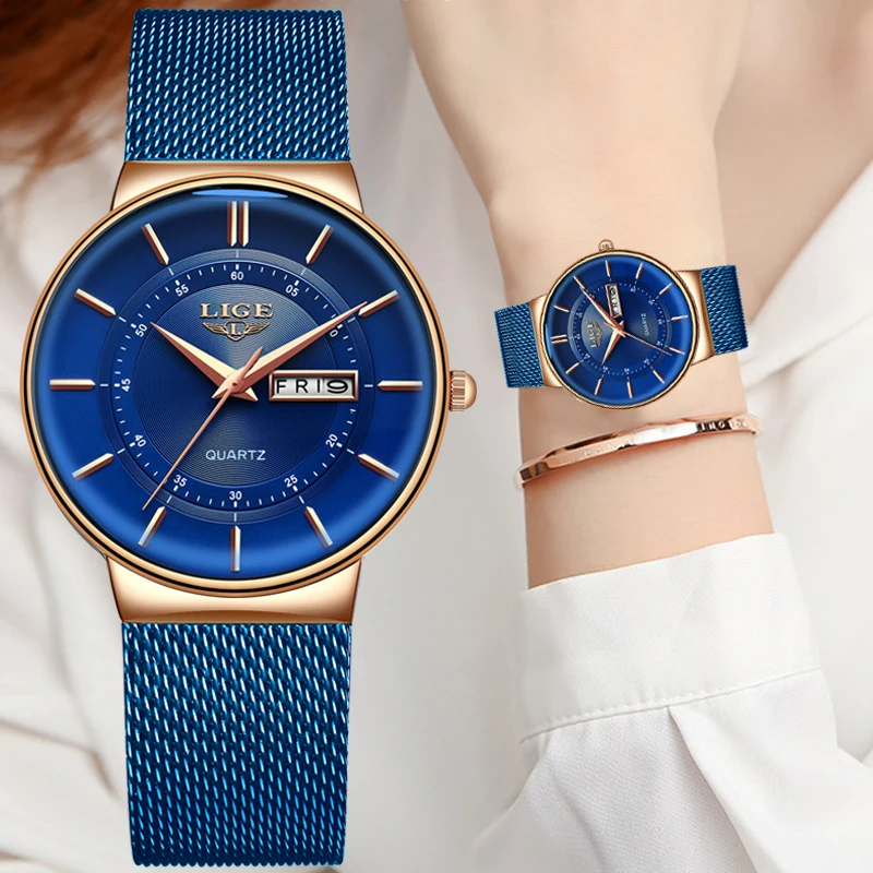 LIGE Women Watches Luxury Brand Ultra-thin Calendar Week Quartz Watch Ladies Mesh Stainless Steel Waterproof Gift reloj muje+Box afbeelding