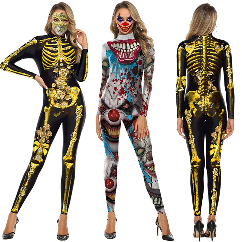 

Halloween Costumes For Women Long Sleeve Skeleton Skull Bone Printed Jumpsuit Cosplay Bodysuit Joker Scary Zombie Clown Catsuits