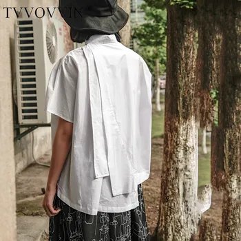 

China Women White Back Pleated Split Big Size Blouse New Lapel Long Sleeve Loose Fit Shirt Fashion Tide Spring Summer 2020 P065