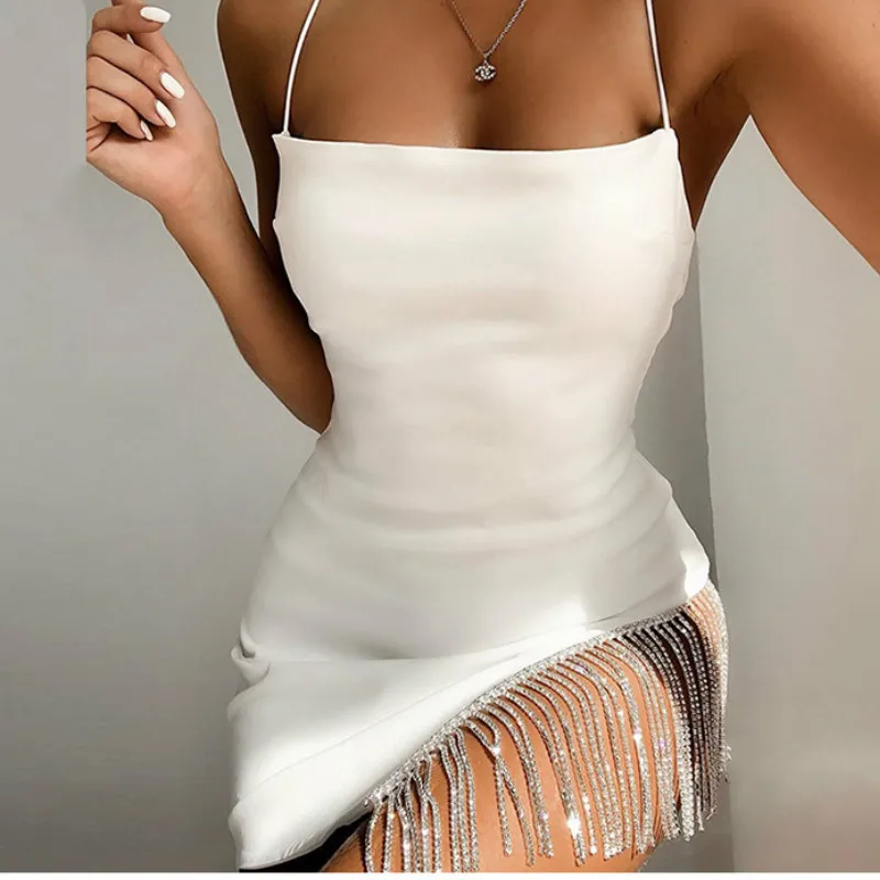 

Tassels Diamonds Sexy Fringe Bodycon Dresses Sleeveless Split Dress Solid Spaghetti Strap Backless Party Club Mini Dresses
