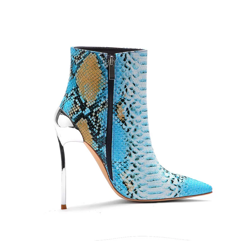 KATELVADI Hot 2 Colour Women's Boots Winter Autumn Blue Snake Pattern PU 5 Inches High Heels Zip Warm Ankle Boots Size 38 K-560