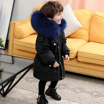 Black Blue Fur Детское пальто с натуральным мехом Куртка для маленьких мальчиков и девочек детские куртки с большим мехом енота пальто с капюшоном серая, черная теплая парка для девочек TZ419 - Цвет: Black Blue Fur