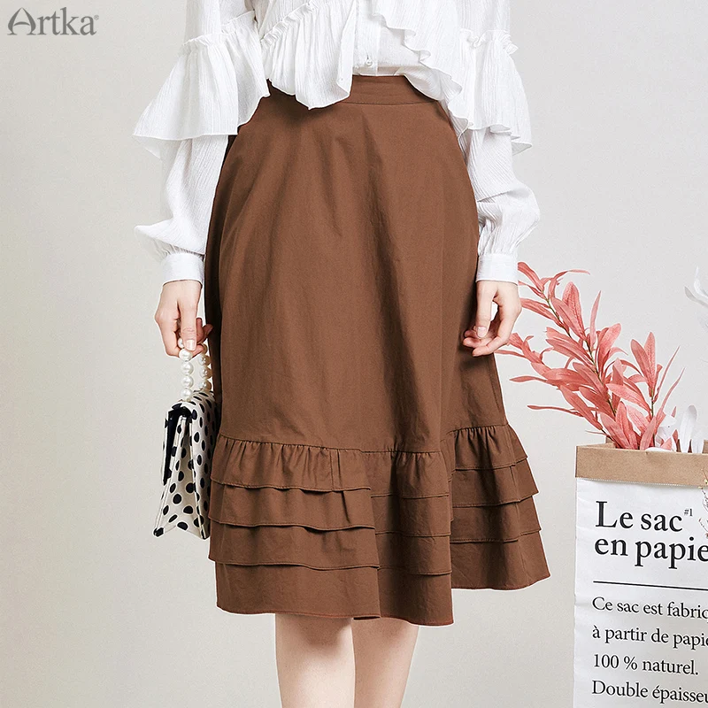 ARTKA 2019 Новая Осенняя Женская юбка 100% хлопок сплошной цвет Элегантная