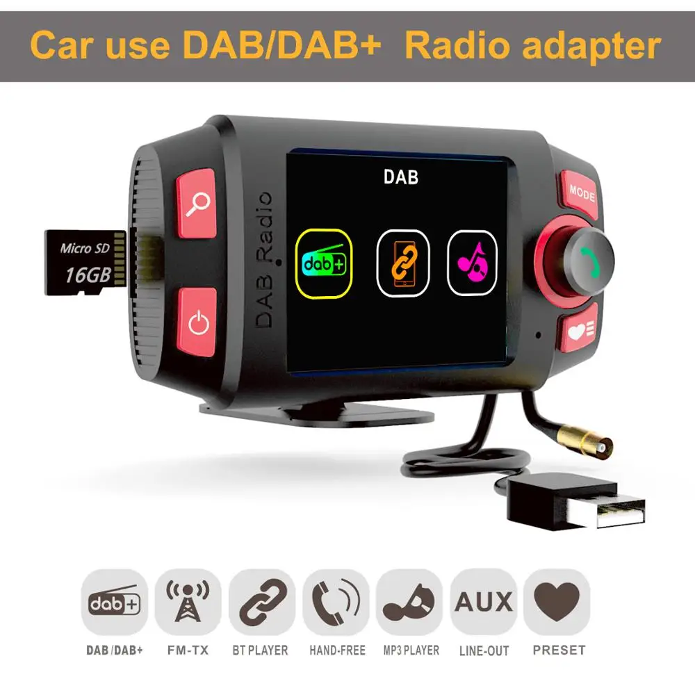Автомобильный радиоадаптер DAB +/DAB с цветным дисплеем 2 4 дюйма FM передатчик Bluetooth