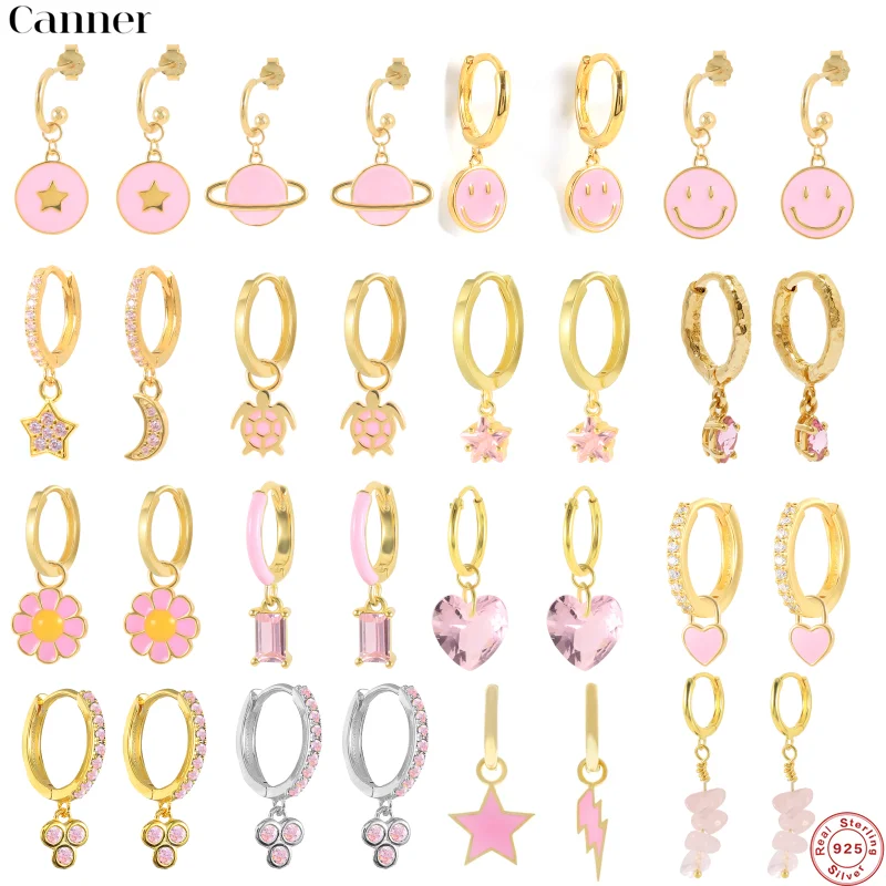 CANNER 925 Sterling Silver Drip Oil Pink Zircon Hoop Earrings CZ Circle Round Loops Crystal For Women Piercing Ohrringe | Украшения и