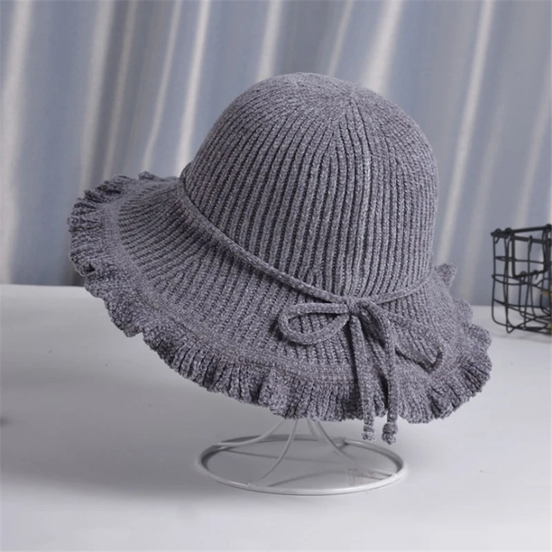 Dark gray Трендовая одноцветная шенилловая Рыбацкая шляпа Женская дикая Солнцезащитная шляпа с большим краем Ретро верхняя шляпа осенняя и зимняя шапка - Цвет: Dark gray