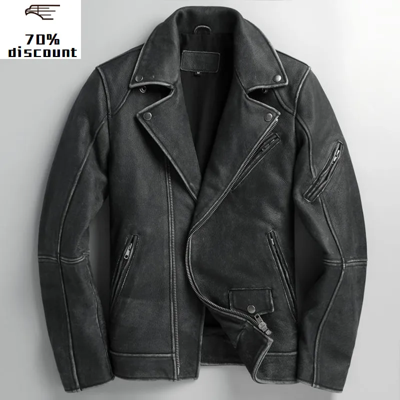 

2020 Vintage Black Men American Motorcycle Leather Jacket Plus Size XXXXL Genuine Thick Cowhide Slim Biker's Coat FREE SHIPPING