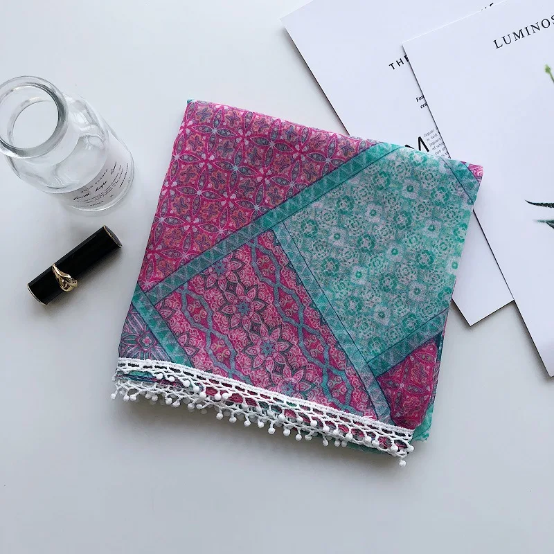 Модный красивый винтажный цветочный помпон трикотажные шарфы шаль модная флористическая накидка шарф хиджаб глушитель 2 цвета
