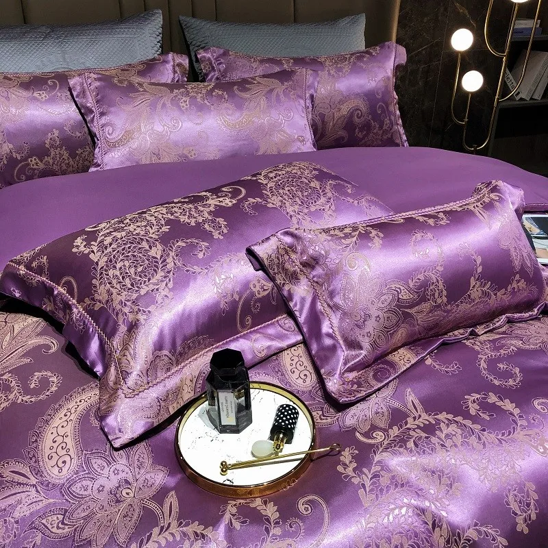 Sateen Cotton Jacquard Duvet Cover Set Soft Satin Silky Bedding Sets,Duvet Cover Flat Sheet 2 Pillowcases Double Queen King 4Pcs