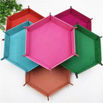 

23cm Hexagon PU Leather Velvet Cloth Tray Foldable Dice Trays Table Games Desktop Storage Box Home Decoration Tray 10 Colours