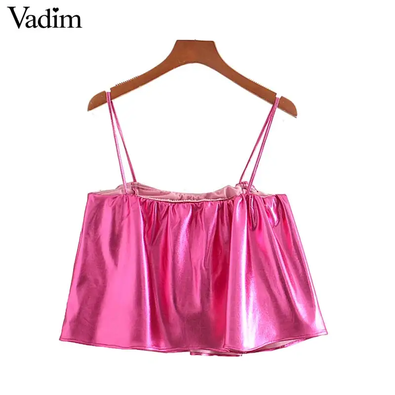 

Vadim women sexy short camis tanks sleeveless backless shirt party club style shinny solid chic female casual tops WA468