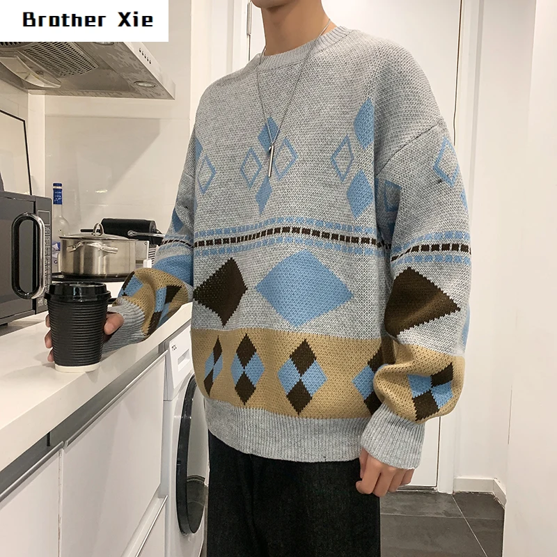

Winter Sweater Men Warm Fashion Retro Contrast Color Casual Knit Pullover Man Sweter Loose Long-sleeved Sweater Male Clothes